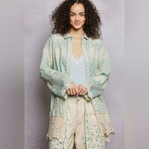 POL Mint Long Sleeved Embroidered Floral Crochet Top
